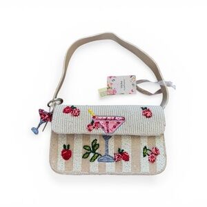 Beaded Martini  Beige Crossbody Bag with Pink & Red Beaded Floral Accents. Charm